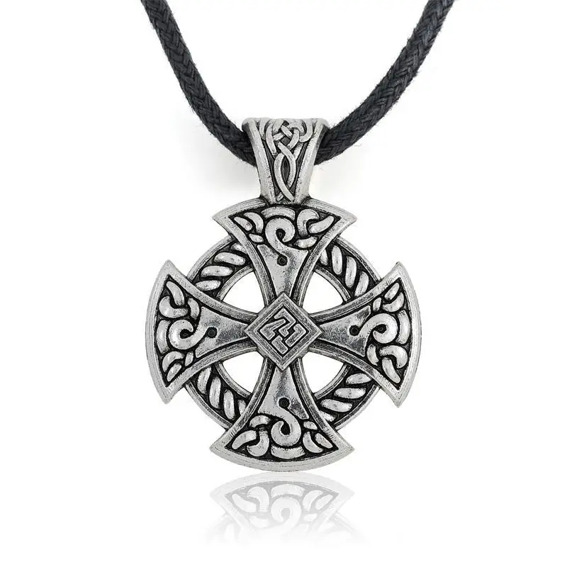 Teamer Cross Pendant Necklace Viking Shield Jewelry Tibetan Solar Necklace Celtic Knot Christian Irish Druid Silver Color Chain