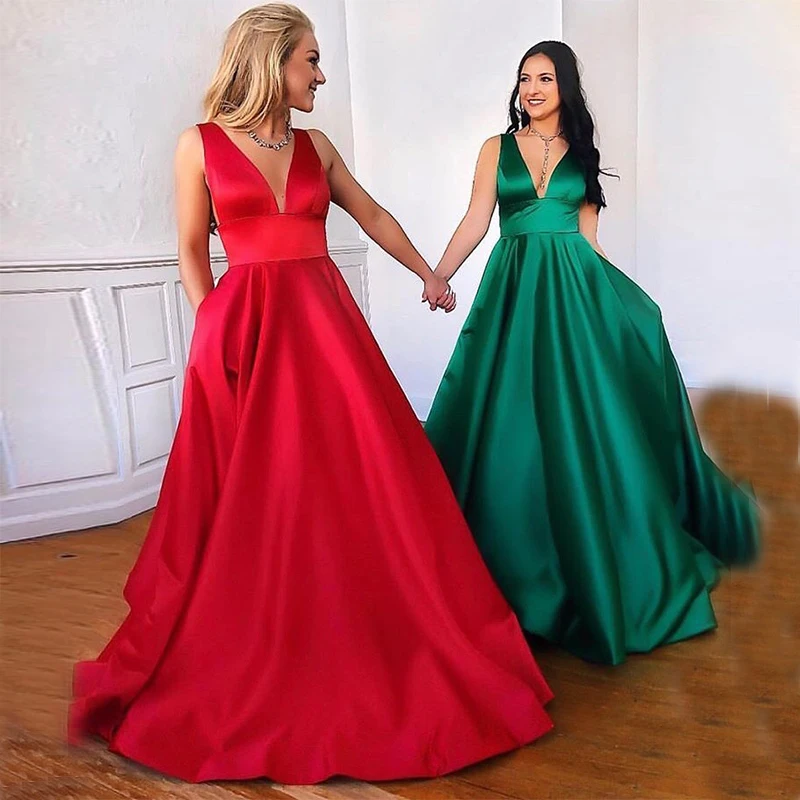 Vestido de festa com bolso, decote em v, sem mangas, longo, formal, comprimento total, verde escuro, vermelho, barato