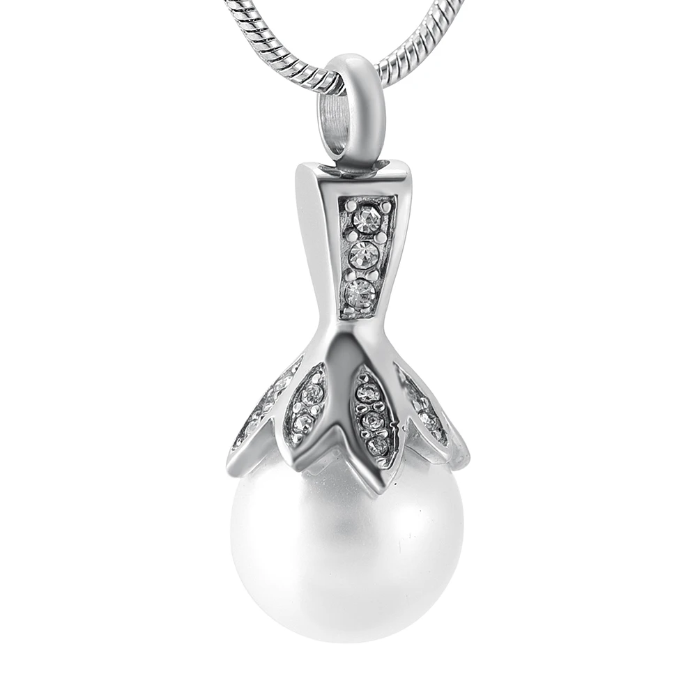 Crystal Flower Hold up a Big Pearl -Stainless Steel Keepsake Jewelry Memorial Urn Cremation Pendant Necklace for Ashes/Women