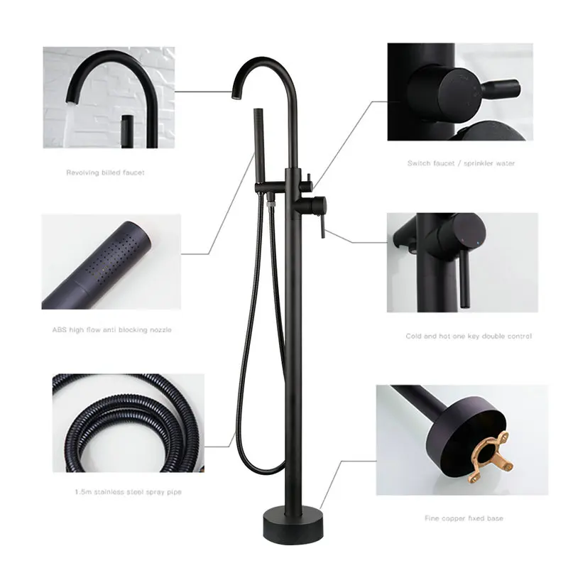 Imagem -03 - Kemaidi- Standing Bathtub Faucet Grupo Black Bath Shower System Round Spout Mixer Tap Filler Shower Roman Tub Golden Plated