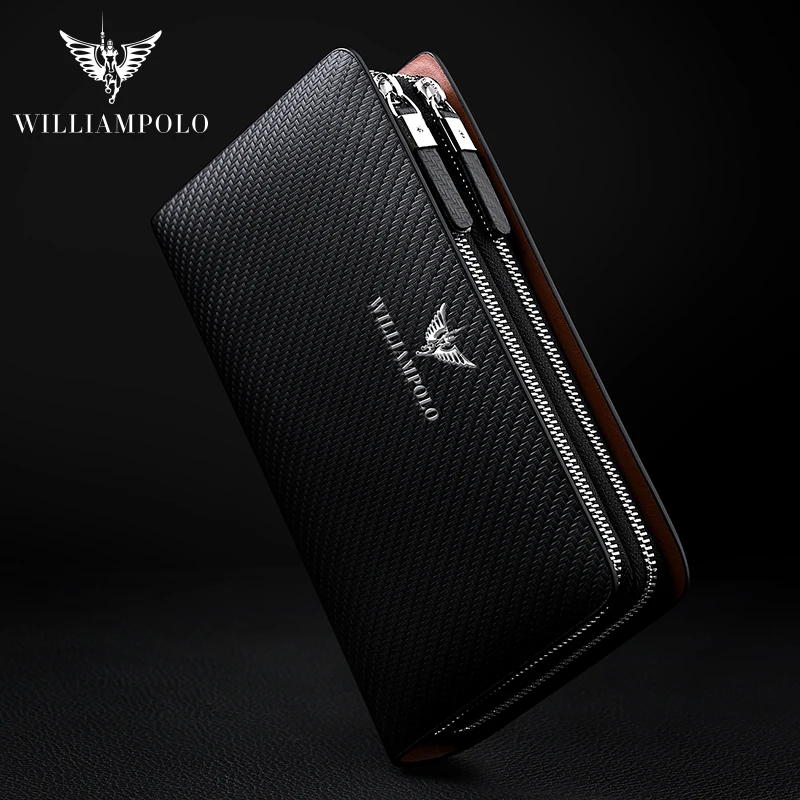 WilliamPOLO Fashion New Arrival 100% Cow Leather Business Solid Zipper Long  Mens Clutch Wallet Handbag Wallet PL170