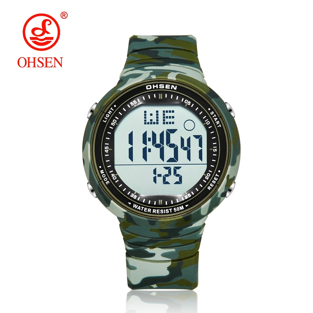 OHSEN – montre-bracelet de Sport numérique LCD pour hommes, Relogio Masculino, 50M de plongée, bracelet en Silicone, mode camouflage, vert de l'armée