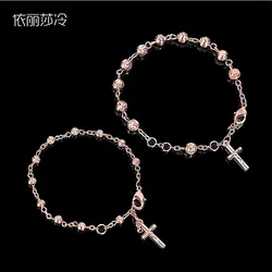 Catholic Golden Jesus Cross Bracelet Rose Bead Bracelet Jewelry Sacred Heart Jesus Central Rosary Ms. Bracelet Gift