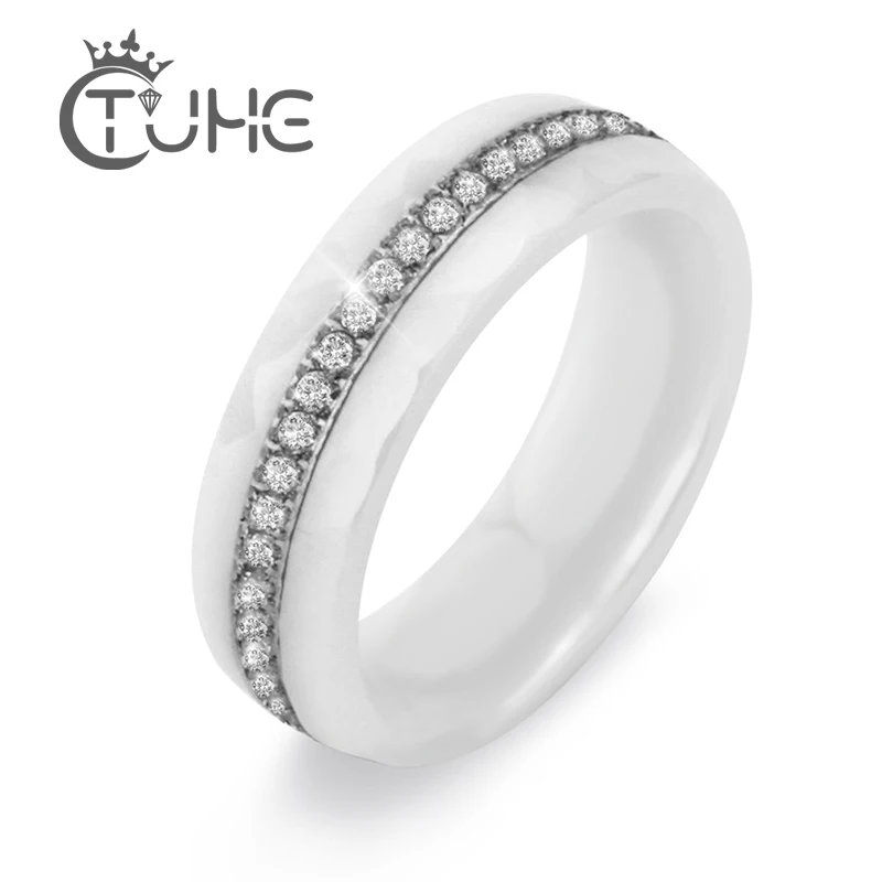 Bling White Black Simple Style Comly Ceramic Rings for Women  Pave Setting Crystal Ring Never Fall Down Anniversary Jewelry