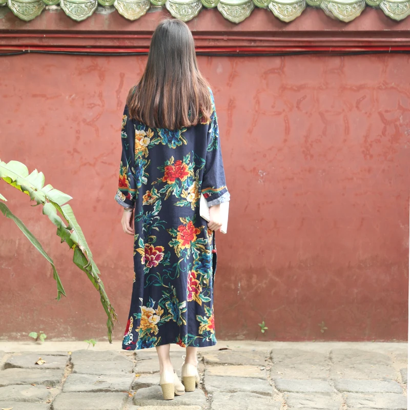 LZJN-Damska sukienka z długim rękawem, bawełniana pościel, Cheongsam, Qipao, kwiatowy, nadruk z motylem, tradycyjna chińska szata, lato jesień