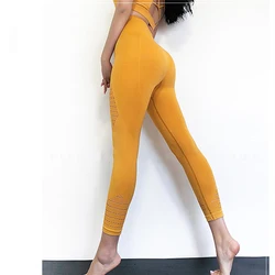 Summer Yellow Gym Leggings Women High Elastic Female Seamless Yoga Pants High Waist Workout Running Tights 3/4 Length Sport Pant