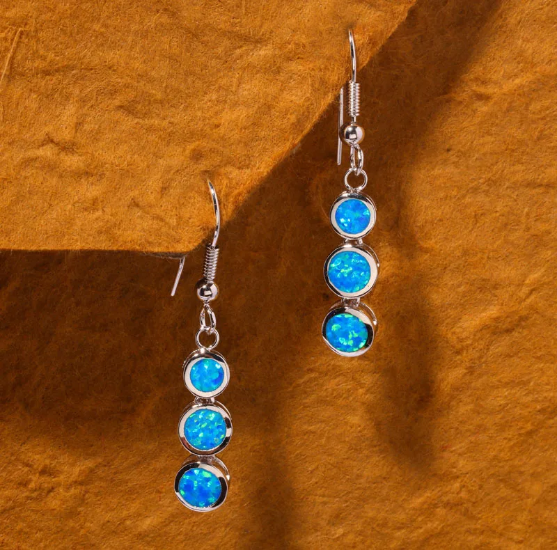 CiNily Created Blue Fire Opal Earrings Silver Color 3 Round Long Earring for Women Fashion Jewelry Pierced Dangle Earrings Gifts