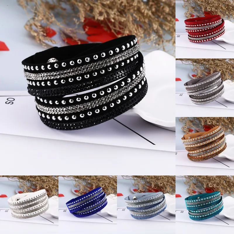 HOCOLE Trendy Charm Crystal Leather Bracelets For Women Wrap Multilayer Rhinestone Bracelet Female Fashion Jewelry Wedding Gift