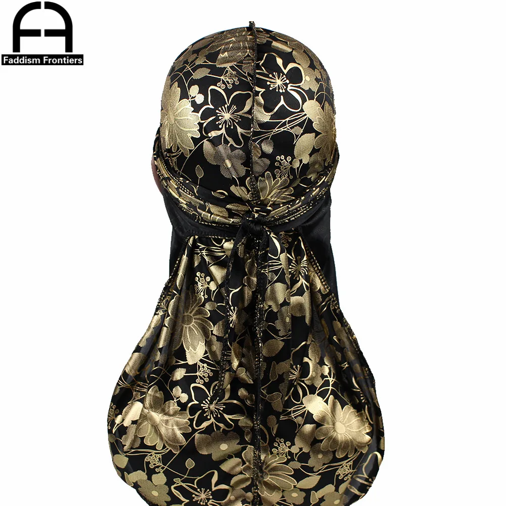 Unisex męskie damskie kwiatowa jedwabna Durag długie ramiączka Turban chustka nakrycie głowy fale czapka jedwabiste duragi akcesoria do włosów