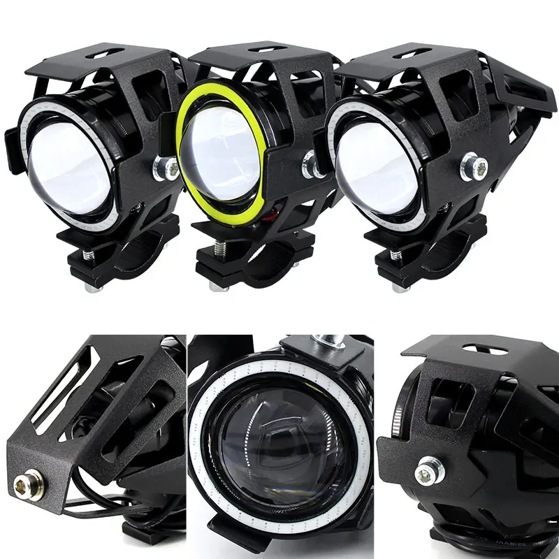 2PCS 125W Motorcycle Headlight w/ Angel Eye Devil Eye 3000LM moto spotlight U7 LED Driving Fog Spot Head Light Decorative Lamp