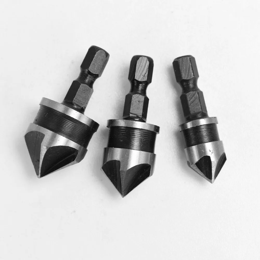 3pcs 90 Degree 1/4 Hex Shank Drill Bit 5 Flute 12-19mm Woodworking Chamfer Counter Sink Chamfering Debur Countersink