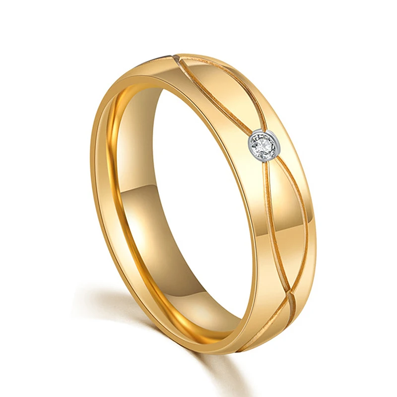 Gold Color CZ Stone Wedding Rings For Lover Stainless Steel Couple Rings Fashion Jewelry for Women and Men