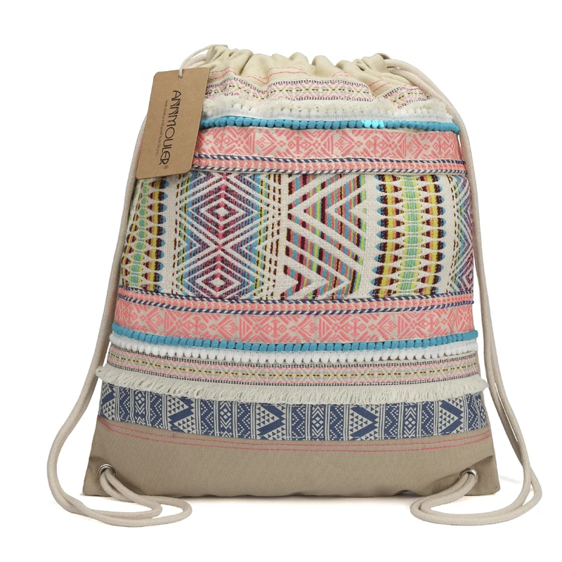 Annmouler New Design Women Backpack Bohemian Style Hobo Bag Large Capacity Tribal Drawstring Bag Aztec Tassel Rucksack 2 Colors