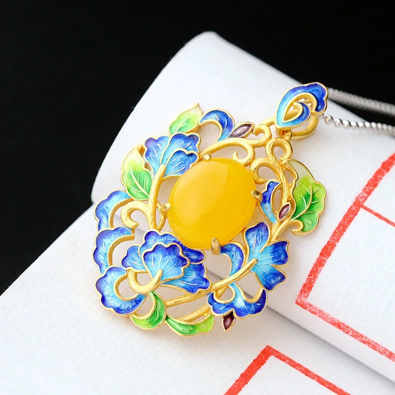 

Retro Thai Silver Wholesale Hand-Baked Blue Silver Pendant S925 Sterling Silver With Natural Yellow Chalcedony Vintage Pendant