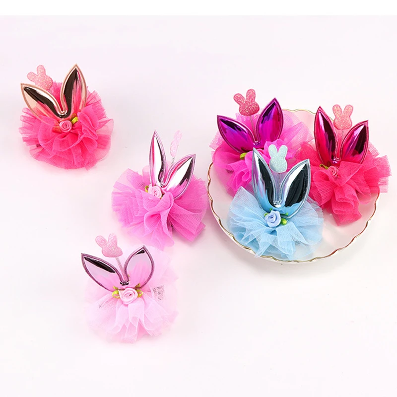 New Kids Hair Accessories Sweet Bunny Ear Girls\' Hairpin chiffon Flower Hair Clips Headwear Girl Birthday Gift For Party