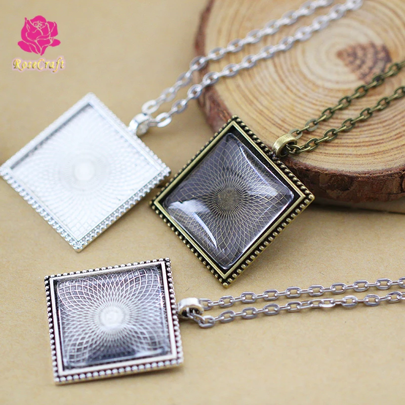 

10 Sets Necklace Pendant Tray Setting 25mm Square Blank+3x4mm 24'' Oval Link Chain Necklace+25mm Clear Glass Cabochon