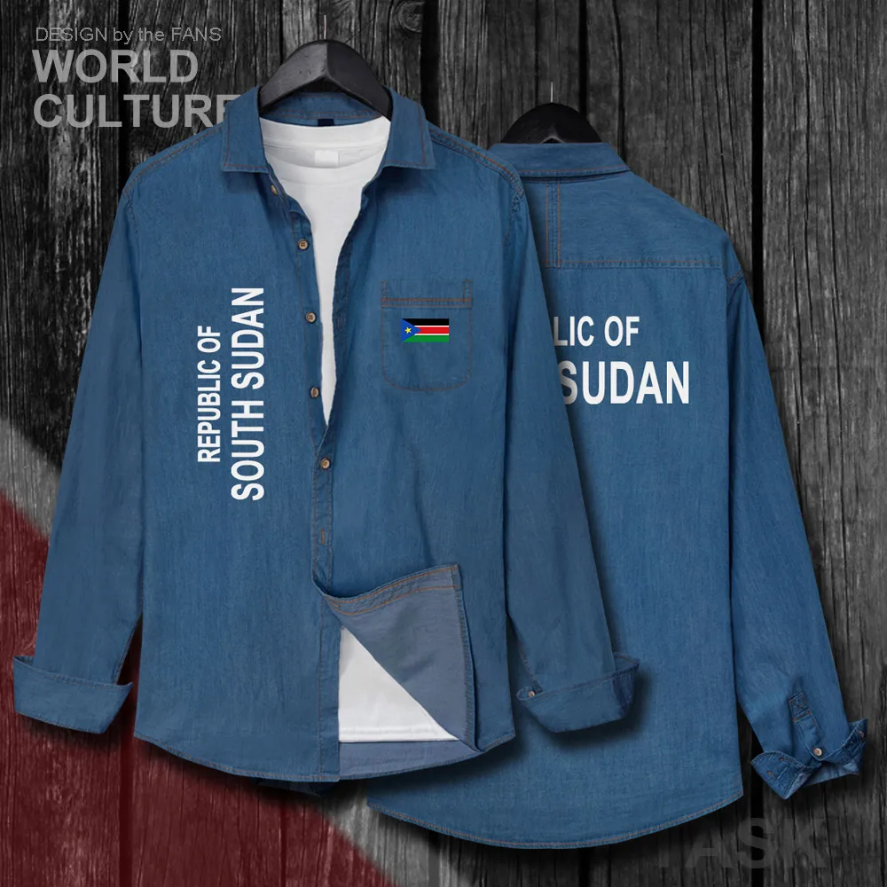 

South Sudan Sudanese SSD Men Flags tops Autumn Cotton Turn-down Collar Jeans Shirt Long Sleeve fashion Cowboy Coat Clothes new