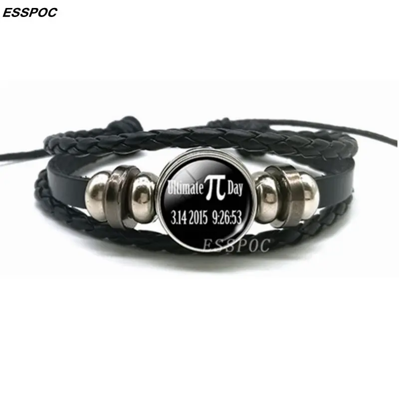 Creative Pi Bracelet Symbol for Pi Glass Dome Black Leather Braided Bracelet Bangle Mathematics Math Jewelry Math Teachers Gifts