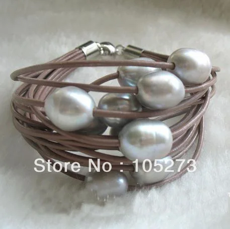 

Stunning Natural Pearl Jewelry 15Rows Gray Color Genuine Freshwater Pearl Bracelet 9-13mm Magnet Clasp Wholesale Free Shipping