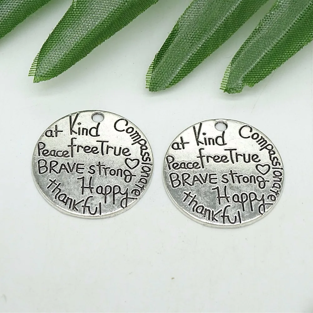 

Antique Sliver Round Charm Carved with brave strong peace compassionate kind happy Letters DIY Jewelry Findings, 50pcs/lot