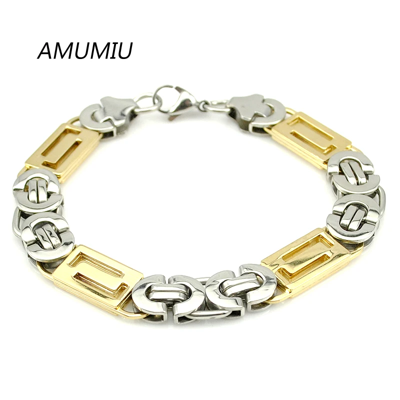 AMUMIU Cool,Men\'s Bracelet Necklace Long (22cm+55cm) Stainless Steel Byzantine Jewelry Set Chain Excellent Quality,Man Gift TZ59