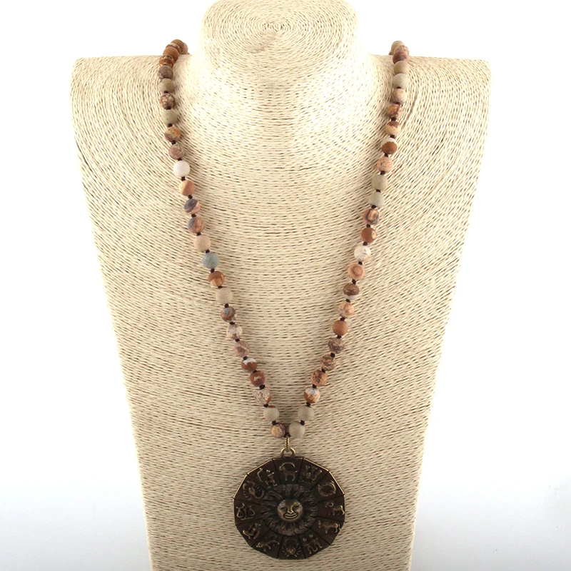 Fashion Bohemian Tribal Jewelry Natural Stone Long Knotted Metal Pendant Necklaces Women Ethnic Necklace