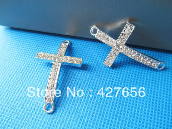 5pcs 24.00mmx42.80mm Silver Plated Sideway Rhinestones Cross Connector Pendant Charm,Dotted Rhinstones,DIY Accessory