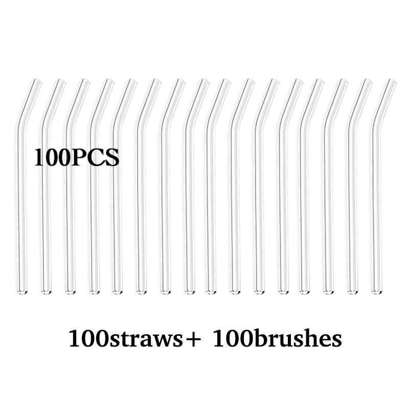 100PCS Glass Straws Clear Bent 20cm x 8 mm Drinking Straws Reusable Straws Healthy, Reusable, Eco Friendly