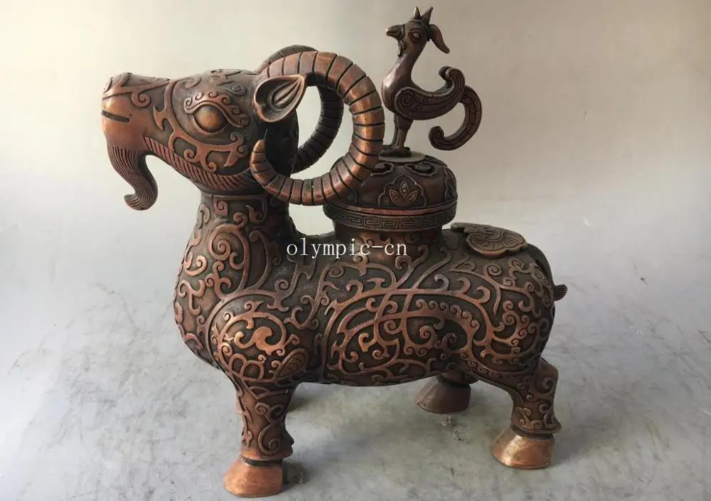 12'' red copper carvings auspicious animal sheep phoenix cover incense burner