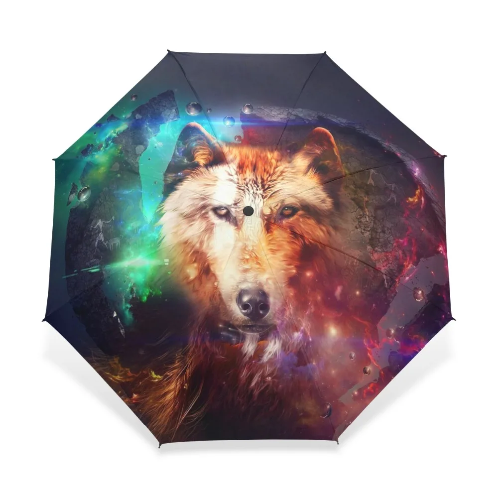 

Three Folding Colorful Wolf Animal Kids Windproof Umbrella Fashion Design Automatic Rain Umbrella For Man and Women