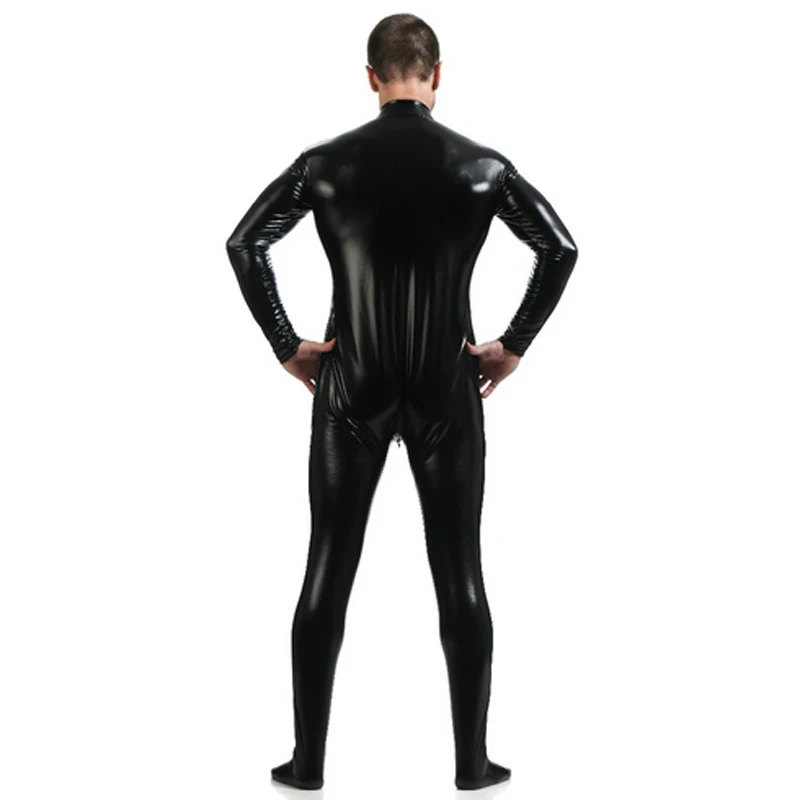 Ensnovo Men Nylon Spandex Suit Black Shiny Metallic Tights Headless Zentai Full Body Unitard Custom Skin Cosplay Bodysuit