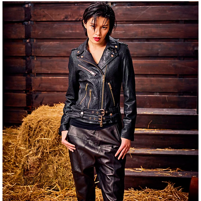 Women's Leather Jacket Short Paragraph Slim  SheepSkin Motorcycle Jacket