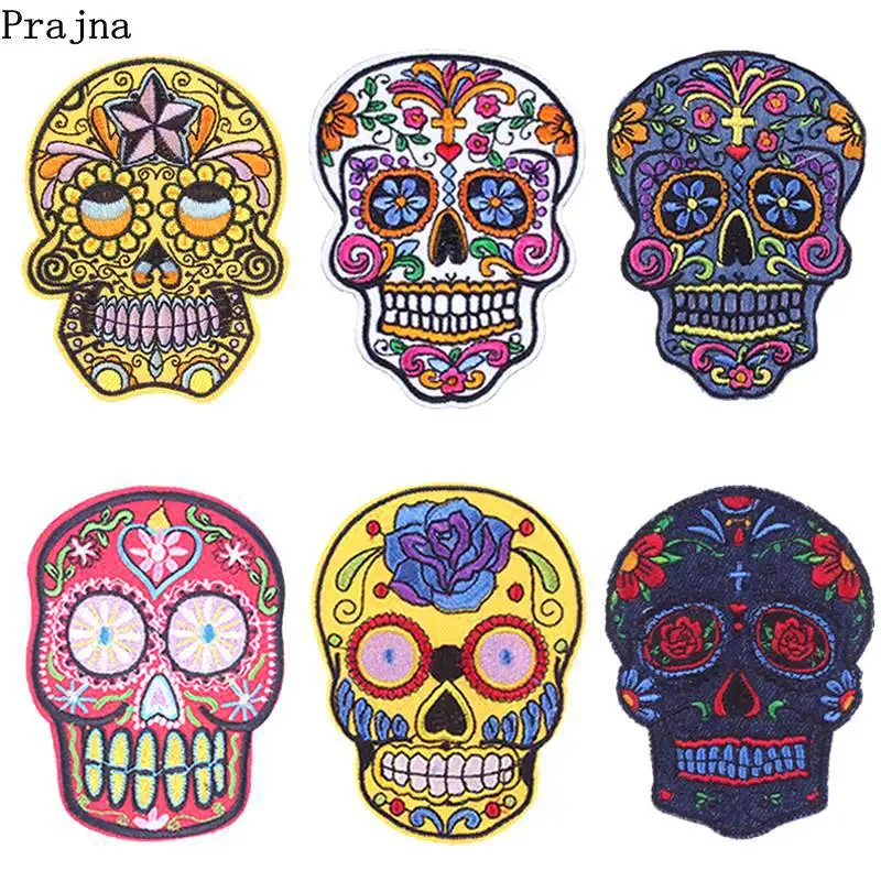 Prajna Punk Rock Skull Patches Embroidered Iron On Patches For Clothing Biker Style Rose Flower Sticker On Clothes Applique DIY