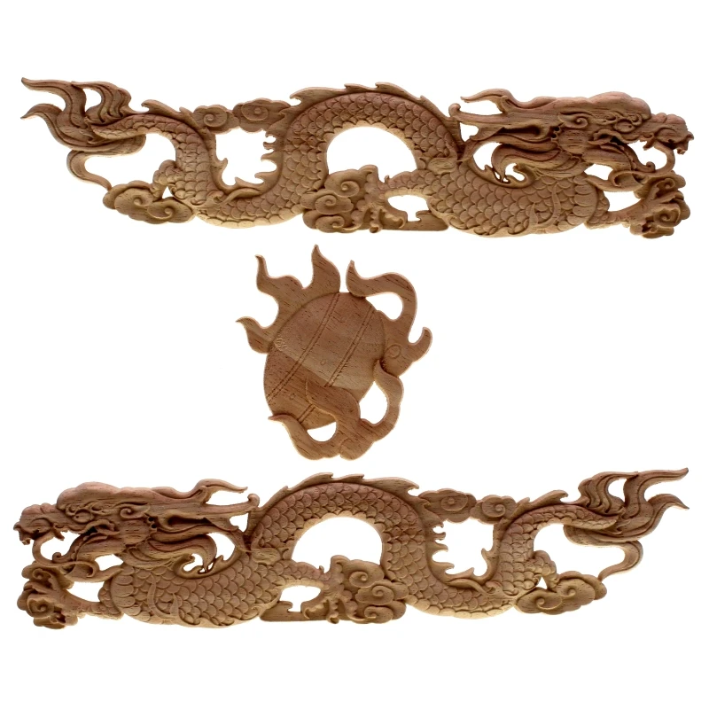 RUNBAZEF The Chinese dragon Wood Long Floral Carving Applique Home Decoration Accessories Door Cabinet Furniture Figurines