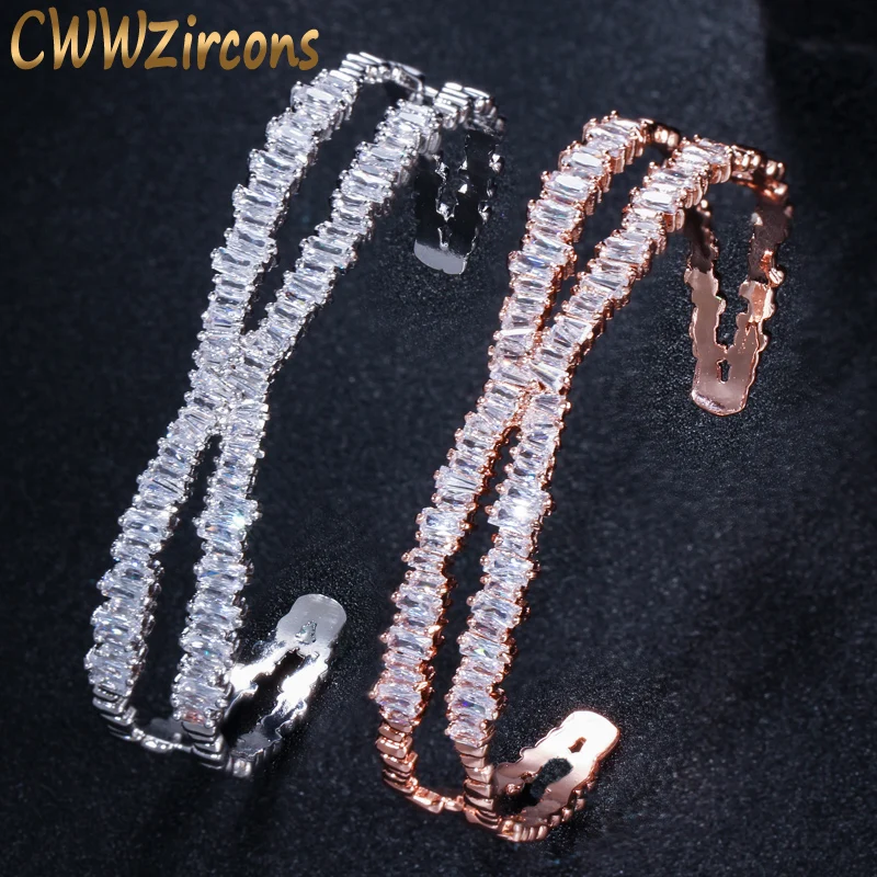 

CWWZircons Brand Designer Women Jewelry Stunning X Shape Big Rose Gold Color Cuff Bangle with Cubic Zirconia Stones BG003