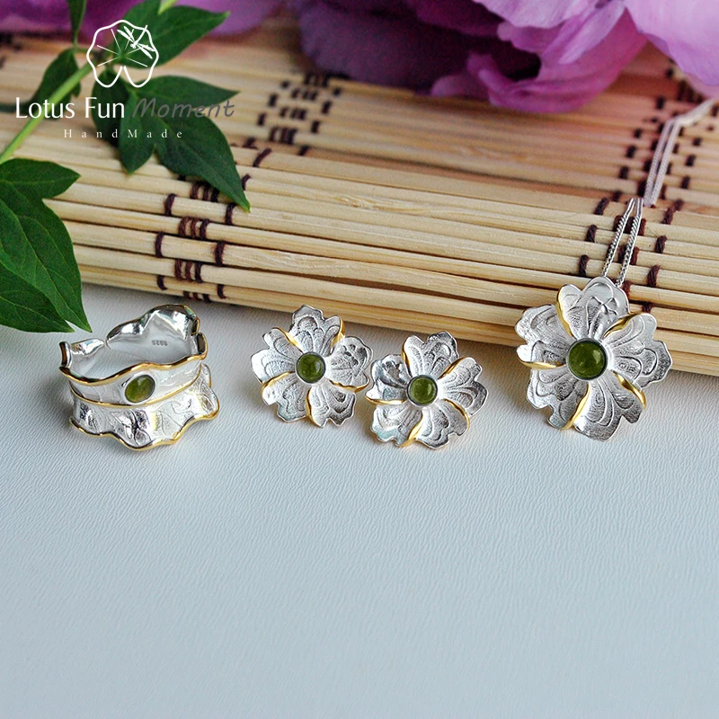 Lotus Fun Real 925 Sterling Silver Natural Stone Original Handmade Fine Jewelry Peony Flower Jewelry Set for Women Brincos