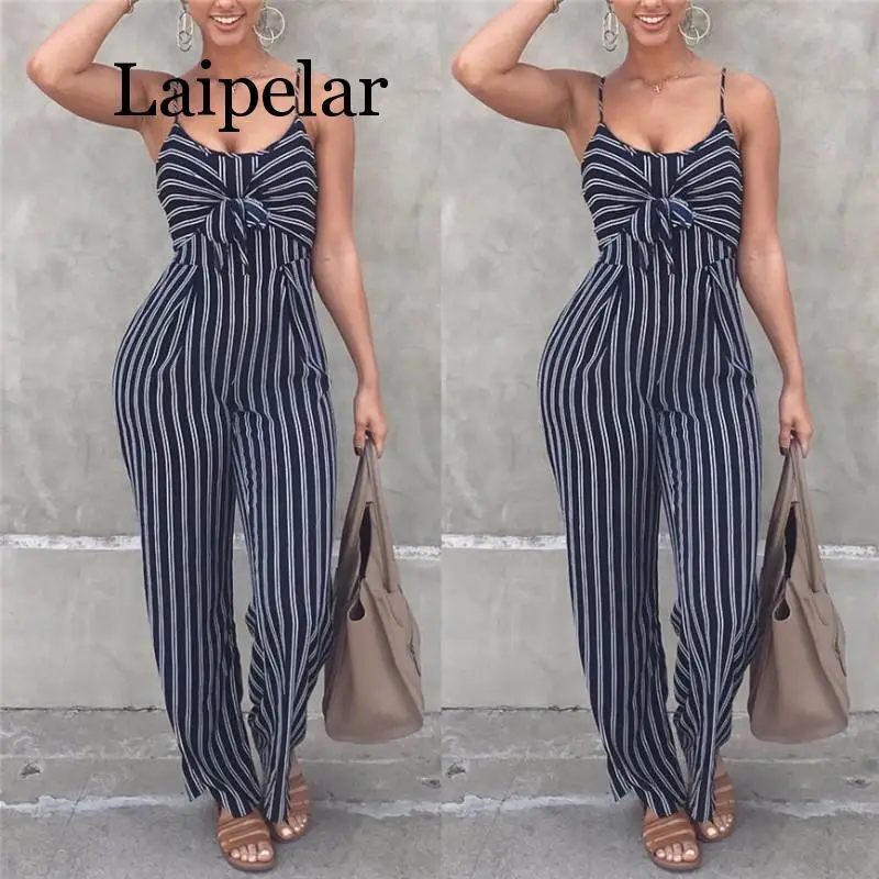 Elegan Bergaris Seksi Spaghetti Strap Rompers Wanita Set Tanpa Lengan Busur Kasual Lebar Kaki Celana Kodok Leotard Overal