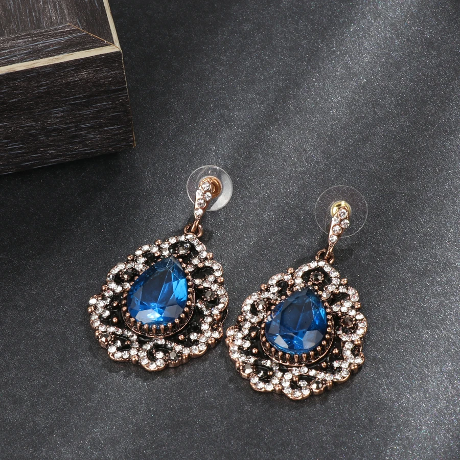 Fashion Bohemian Earrings For Women Black Enamel Crystal Blue Red Stone Drop Earings Vintage Antique Gold Wedding Jewelry