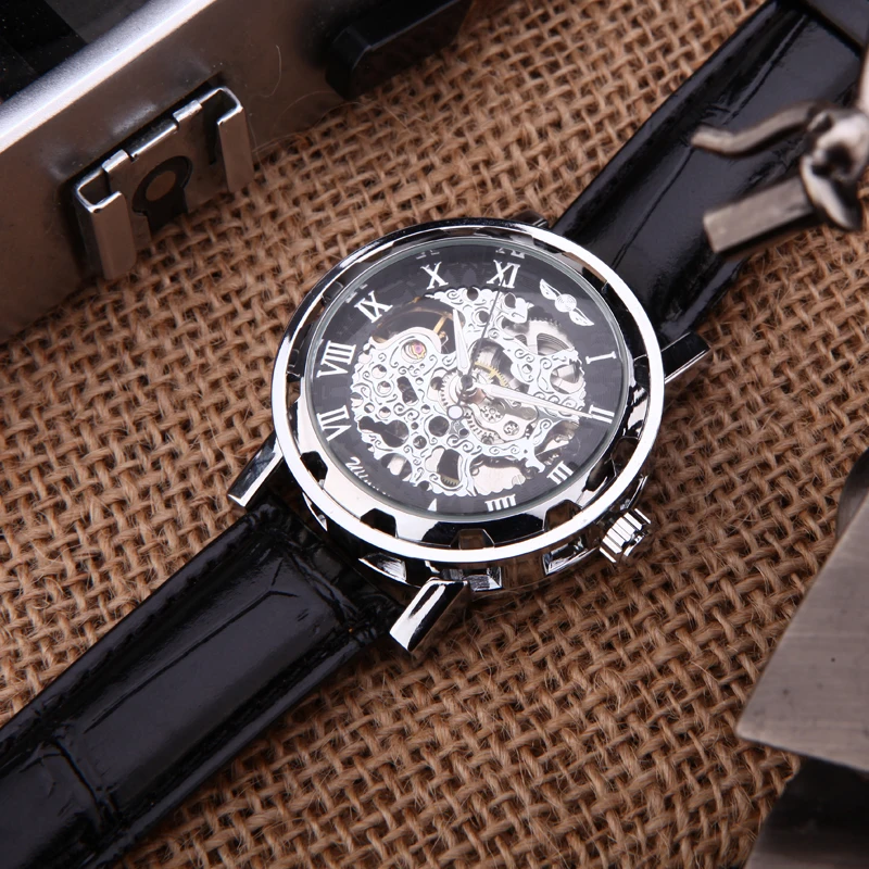 New Winner Hot mechanical Brand men hand wind Skeleton watches male Dress fashion clock style black gold blue color leather band