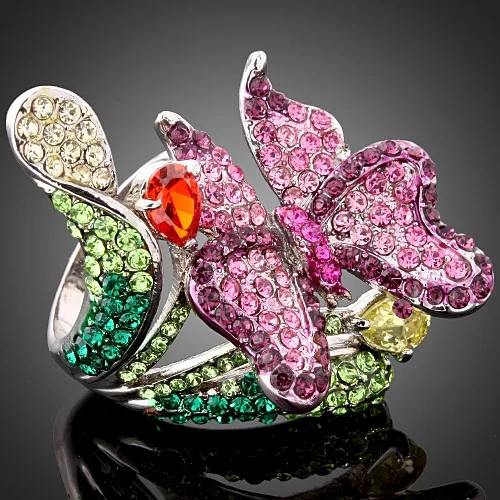 Chran Charm Butterfly Design Enamel Crystal Rings for Women Lovely Heart Cubic Zircon Female Party Accessory Valentines Gifts