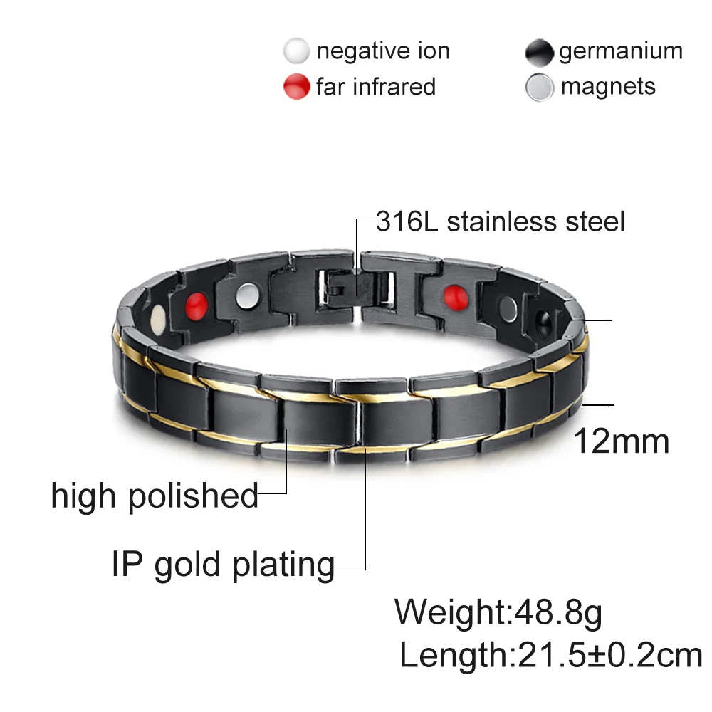 Pulseira magnética Vinterly Black Steel para homens e mulheres, pulseira de germânio, pulseiras holográficas, corrente masculina, benefícios