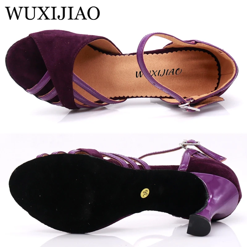 WUXIJIAO Dance Shoes Latin Woman PU+ suede Salsa Dancing Shoes Glitter Professional Dance Shoes Ballroom Soft shoes