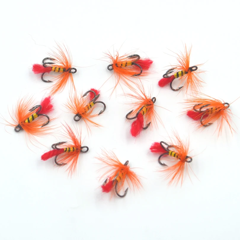 MNFT 10Pcs/Box Triple 3XTreble Hook Fly Fishing Flies Three Fly Hooks Lure Orange Beard Black Zebra Yellow Body Fishing Baits