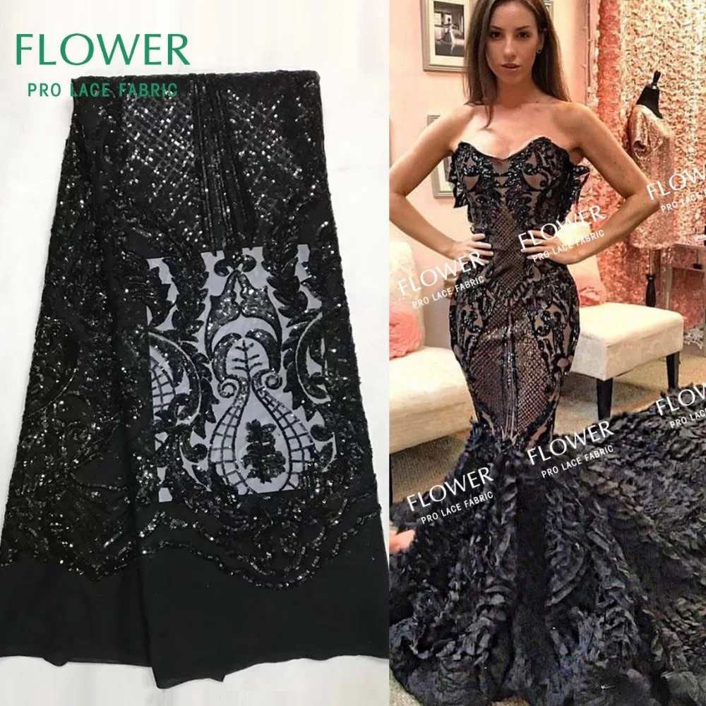 High Quality Black Sequins Mesh Lace Fabric African Nigerian Embroidered Sequined Guipure Tulle Net Laces For Indian Lady Dress