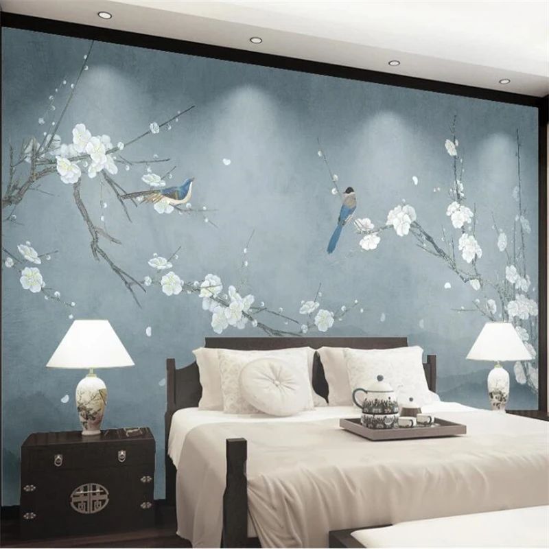 beibehang Custom wallpaper 3d murals Chinese plum blossom hand-painted pen flower bird landscape wall paper decoration painting