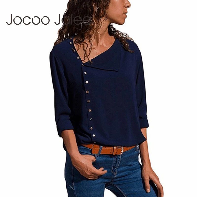 Jocoo jolee mulheres manga longa chiffon blusas e topos 2023 moda inclinação colar botão voar camisas de escritório casual blusas