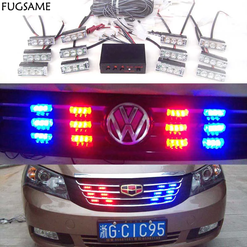 

FUGSA Car Motorcycle 12V LED Fire Emergency Vehicle Strobe Warning Lights 3Flashing Mode Red Blue 12*3LED With Controller