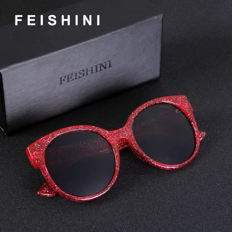 FEISHINI Stars Shine RED Cat eye Sunglasses Retro Ladies Mirror 2022 Festival Fashion Plastic Sunglasses Women Oval UV Protector