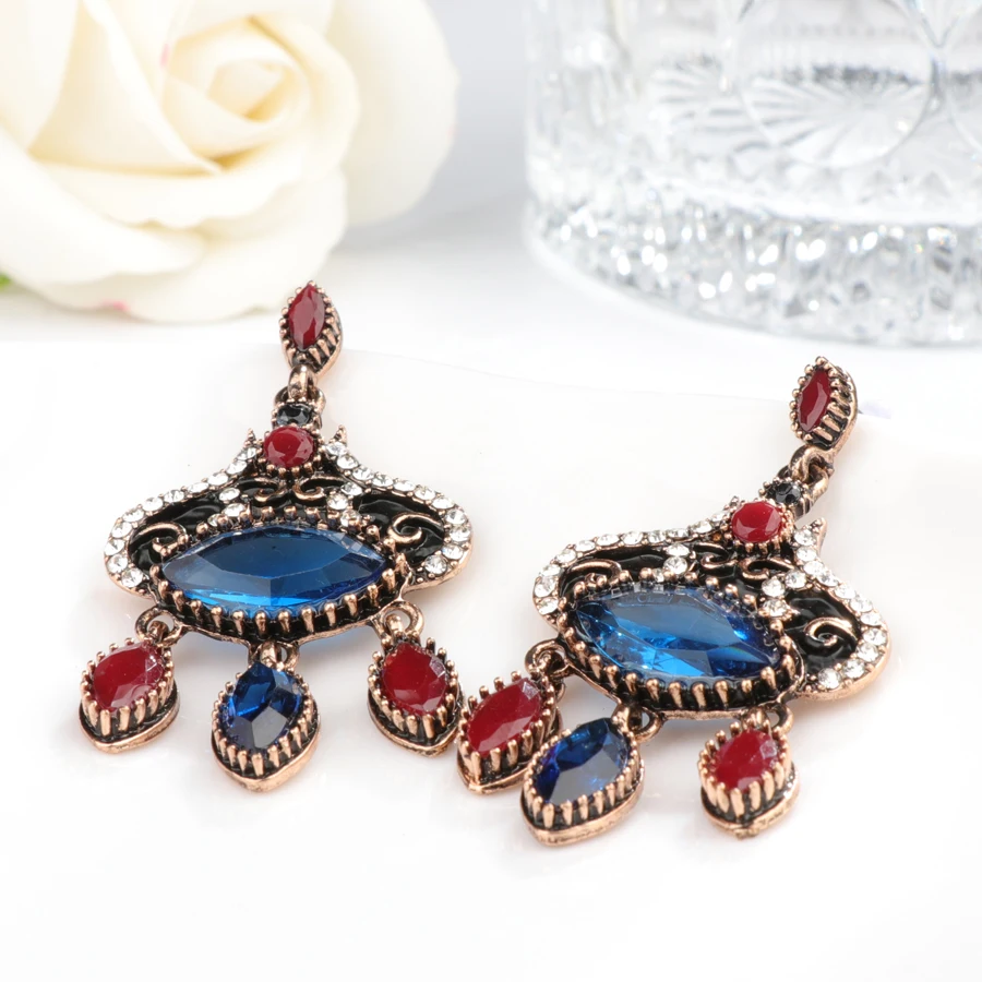 Kinel Turkish Bohemian Jewelry For Women Black Enamel Drop Earrings Mosaic Blue Resin Tassel Earrings Vintage Wedding Jewelry