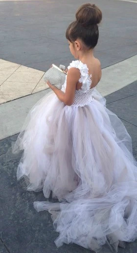 POSH DREAM White and Grey Flower Girl Dress Little White Flower Petals Girl Tutu Dress with Train Tulle Wedding Dress Couture